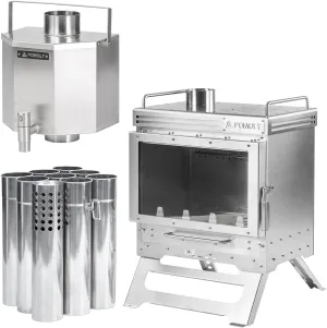 Camping Tent Stove Dweller Max 2.0 Stainless Steel Wood Stove and 70 Chimney Water Tank