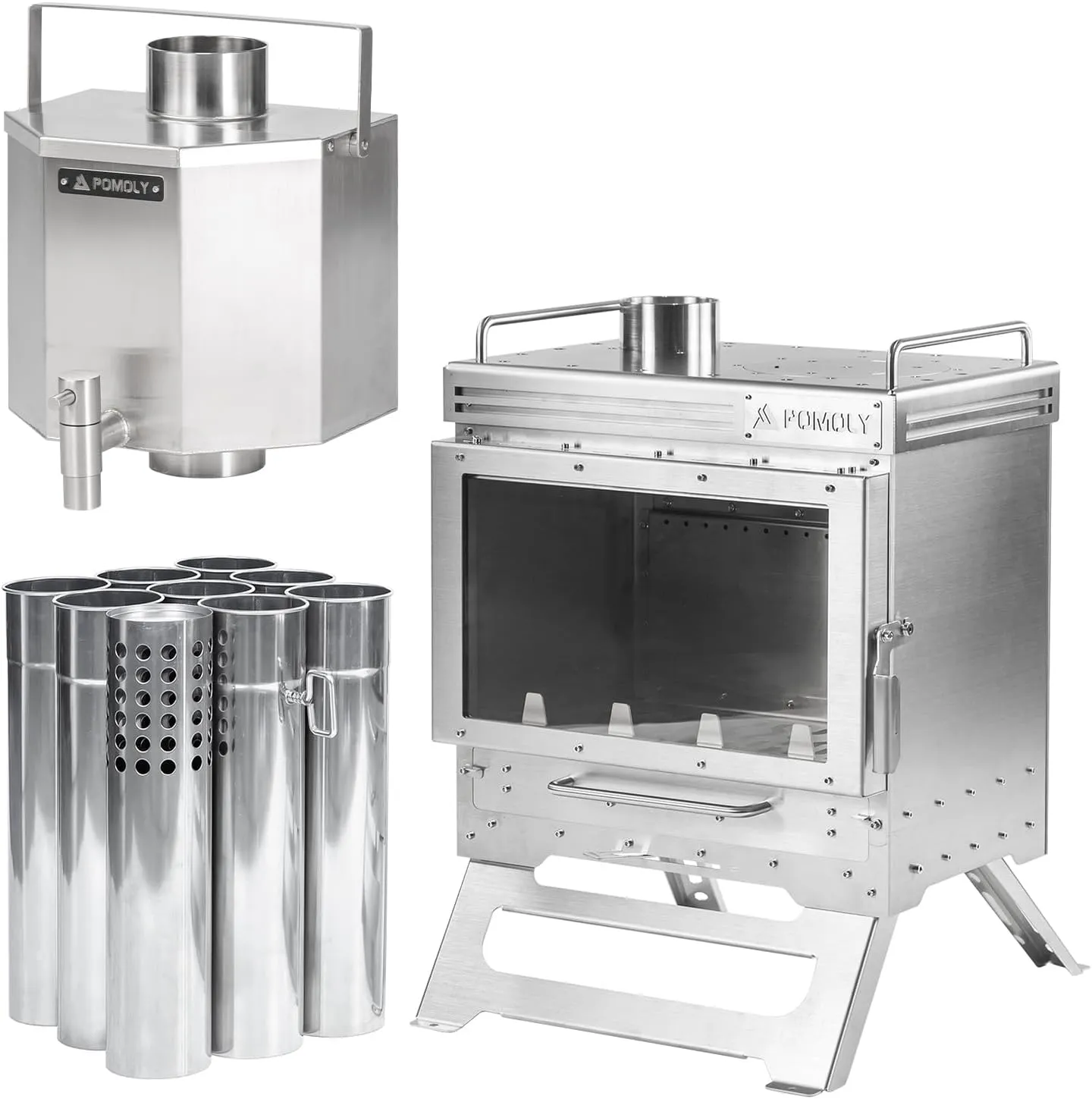 Camping Tent Stove Dweller Max 2.0 Stainless Steel Wood Stove and 70 Chimney Water Tank