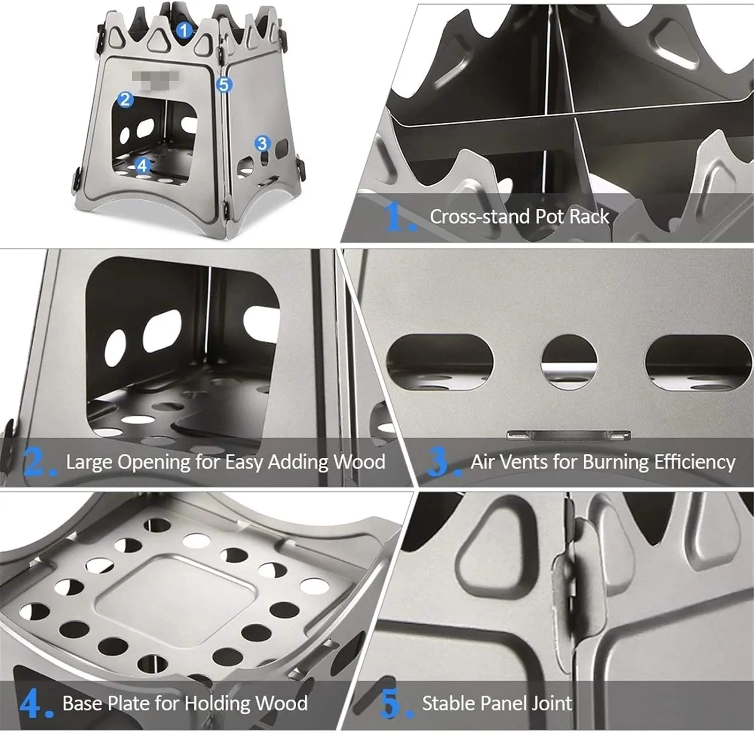 Camping Wood Stove Camping Wood Stove Folding Titanium Wood Burning Stove Lightweight Pocket Stove Convenient Storage (Color : Silver, Size : One Size) (Silver One Size)