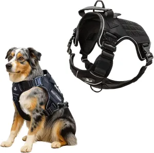 CAPTAIN DOG Harness Medium Sized Dog with 4 Metal Buckles & Double Stitching - Reflective Strong Medium Black, Heavy Duty Dog Vest, Tactical Dog Harness with Poop Bag Holder - Black.