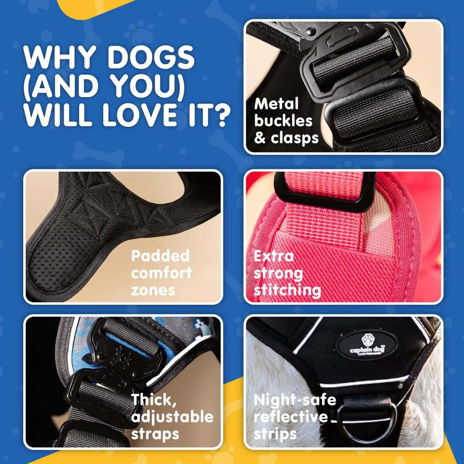 CAPTAIN DOG Harness Medium Sized Dog with 4 Metal Buckles & Double Stitching - Reflective Strong Medium Black, Heavy Duty Dog Vest, Tactical Dog Harness with Poop Bag Holder - Black.