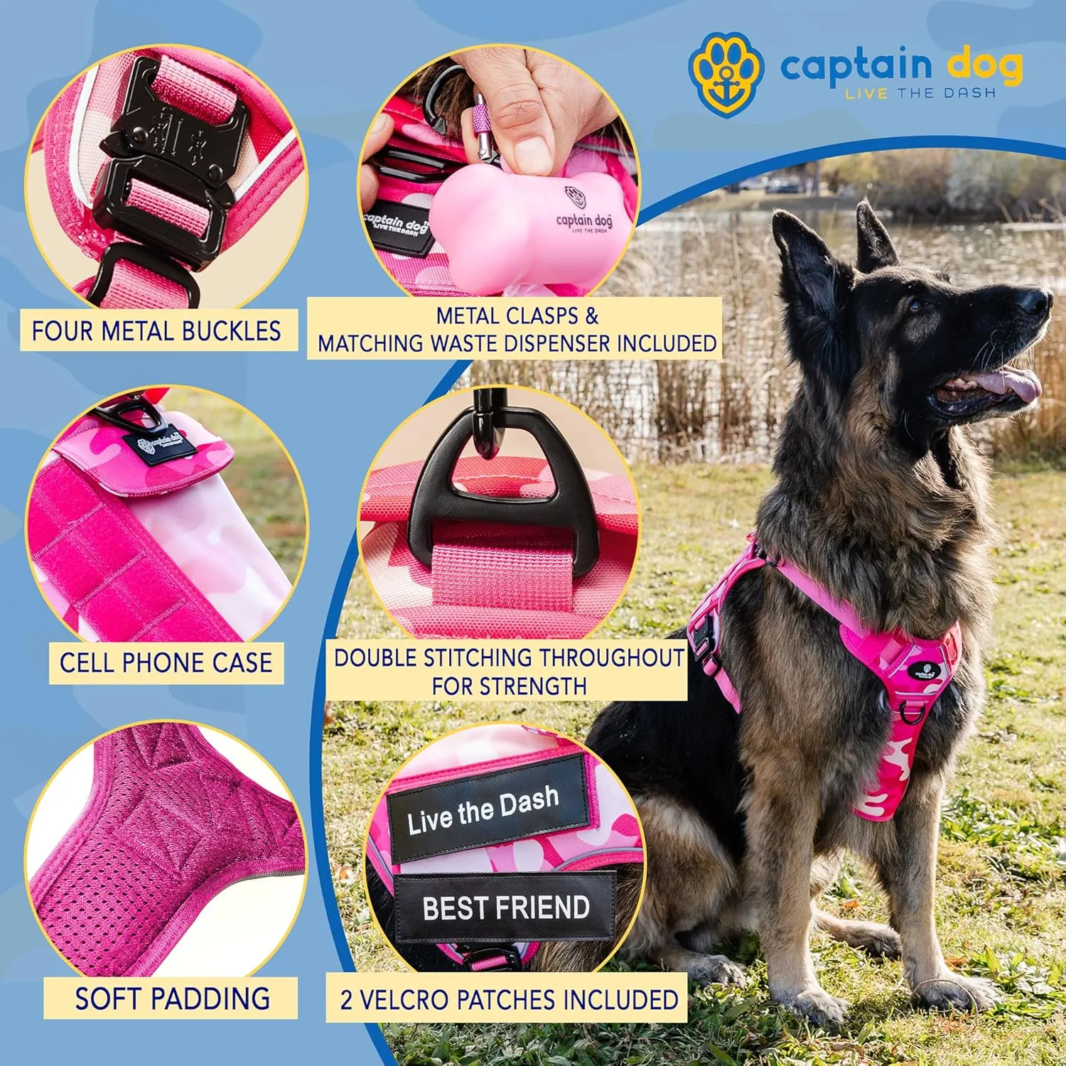 CAPTAIN DOG Harness Medium Sized Dog with 4 Metal Buckles & Double Stitching - Reflective Strong Medium Black, Heavy Duty Dog Vest, Tactical Dog Harness with Poop Bag Holder - Black.