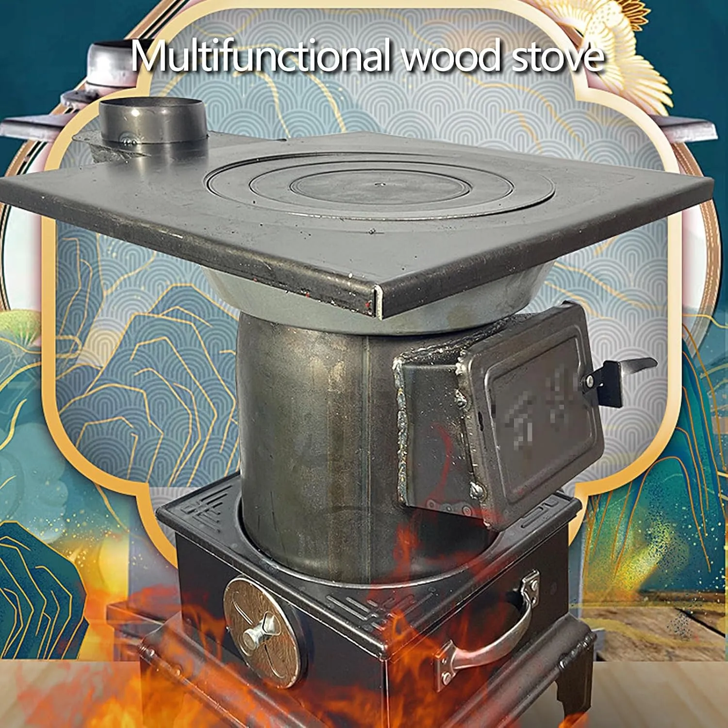 Cast Iron Indoor Wood Burning Heating Stove - Multifunctional, Fuel Saving with Fire Shovel and Poker (39 * 36 * 51cm)