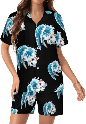 Cat Surfing Women's Satin Pajama Set Short Sleeve Button Down Sleepwear Loungewear Pj Set