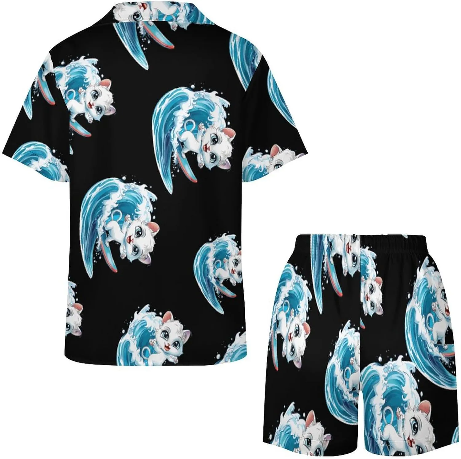 Cat Surfing Women's Satin Pajama Set Short Sleeve Button Down Sleepwear Loungewear Pj Set