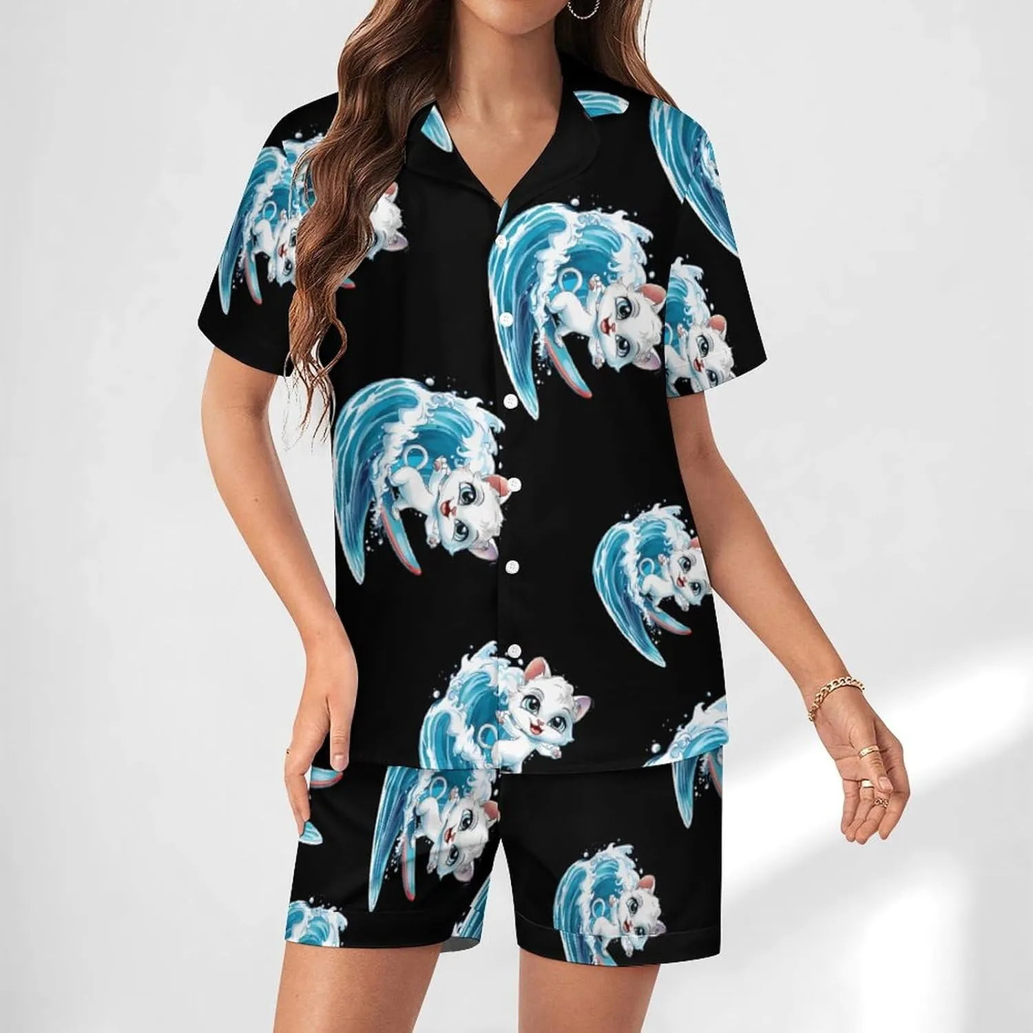 Cat Surfing Women's Satin Pajama Set Short Sleeve Button Down Sleepwear Loungewear Pj Set