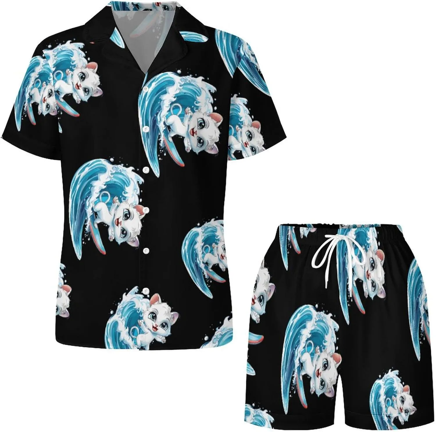 Cat Surfing Women's Satin Pajama Set Short Sleeve Button Down Sleepwear Loungewear Pj Set