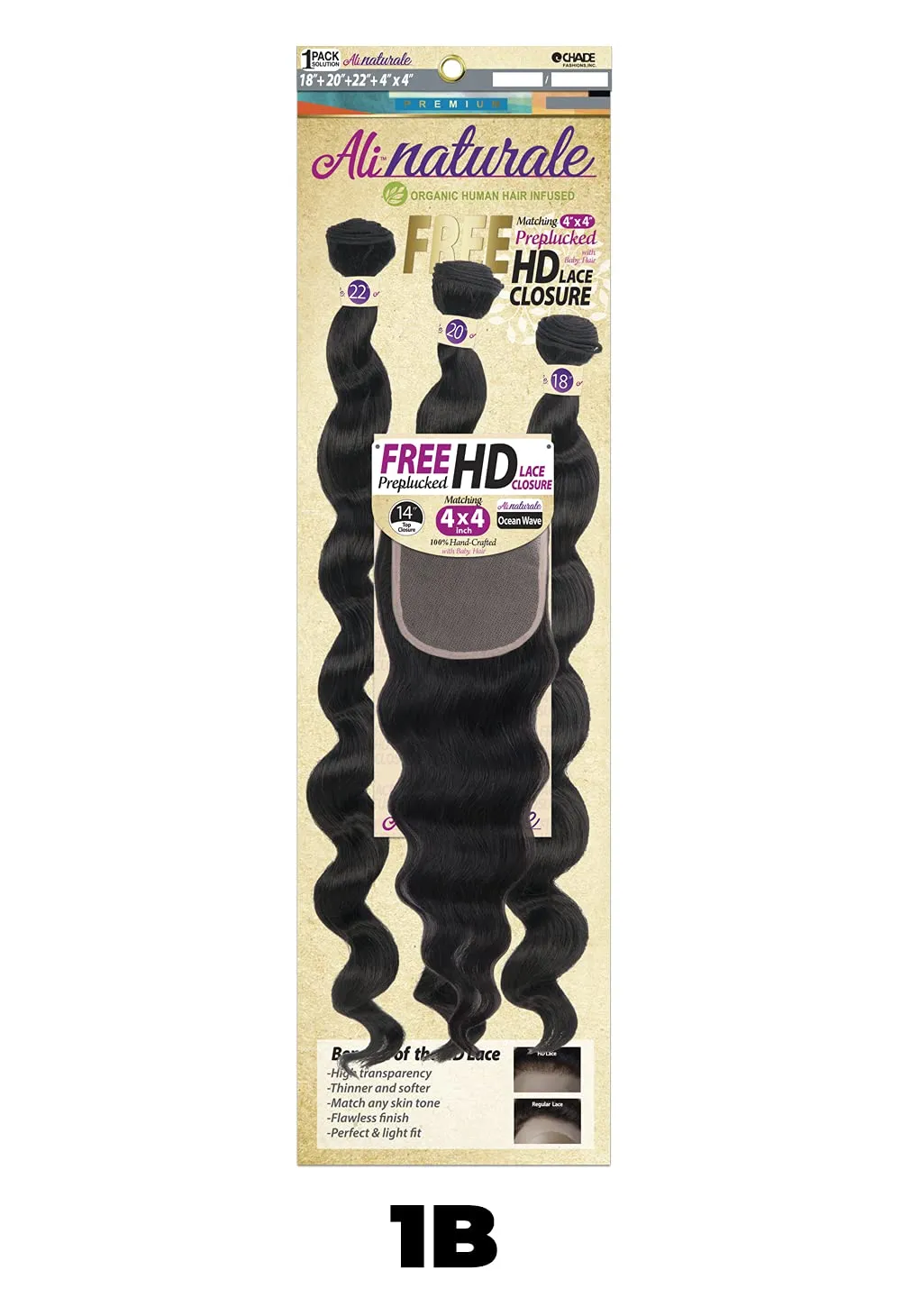 Chade Fashions Ali Naturale Weave Ocean Wave 18", 20", 22"   HD 4X4 Closure Human Hair Blended 1 Pack Solution - AN344O5 (1)