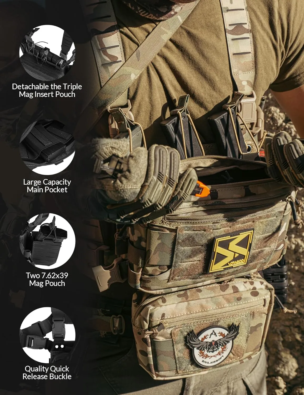 Chest Rig-Tactical Chest Rig，Molle Modular Micro Fight Chest Rigs Adjustable&Detachable with 5.56/7.62 Magazine Pouch