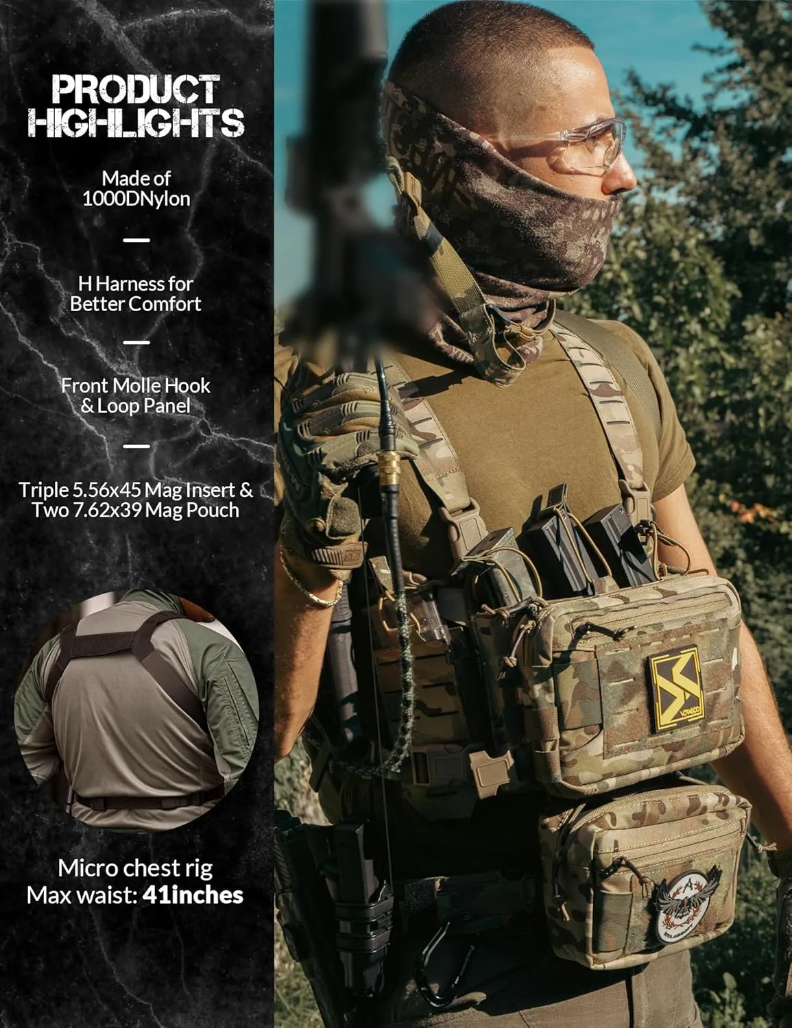 Chest Rig-Tactical Chest Rig，Molle Modular Micro Fight Chest Rigs Adjustable&Detachable with 5.56/7.62 Magazine Pouch