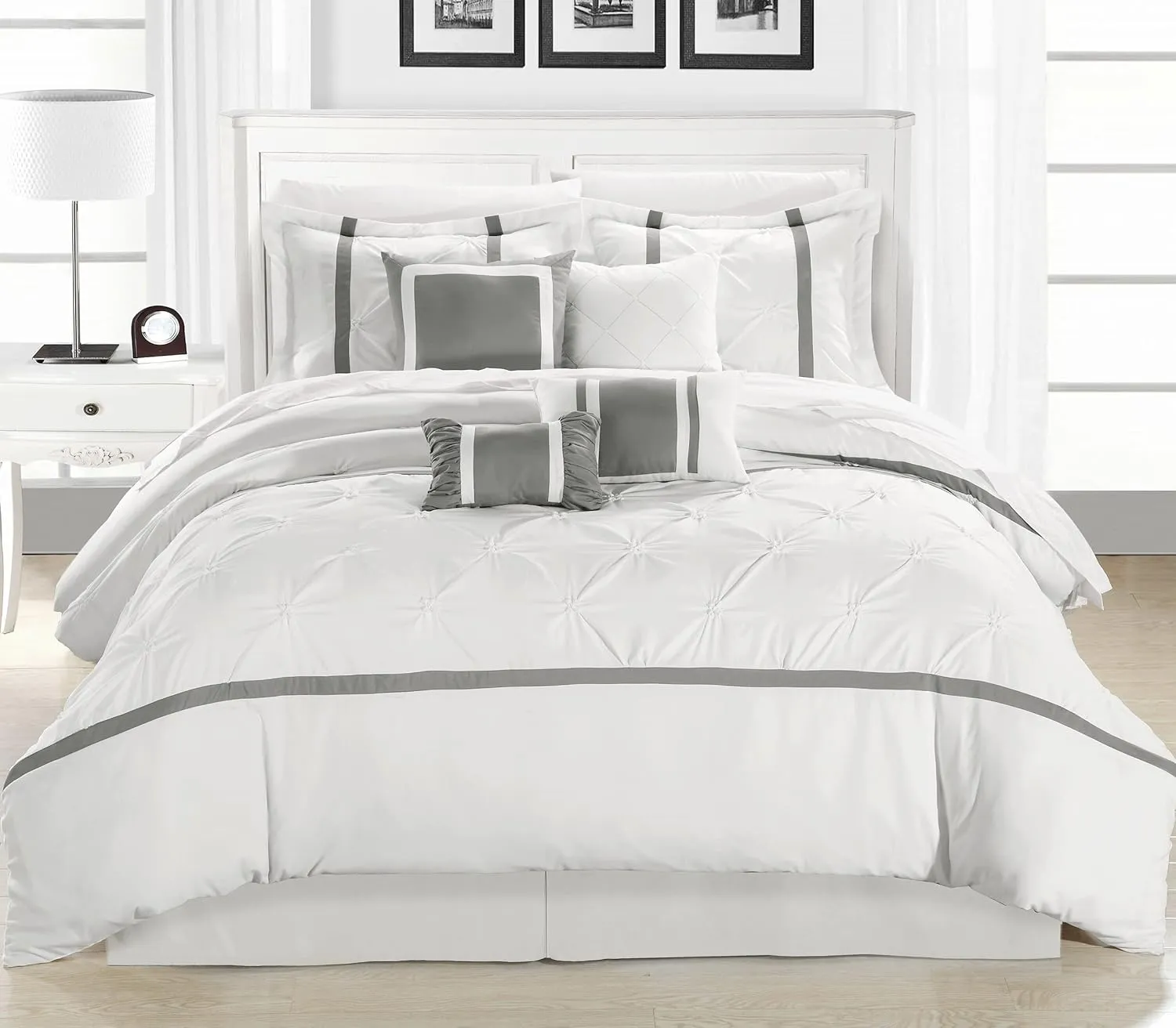 Chic Home White Bed in a Bag Comforter Set, King Size (8 Piece), Vermont - Pinch Pleat Microfiber Bedding - Comforter, Shams, Bed Skirt, Cushions and Breakfast Pillow