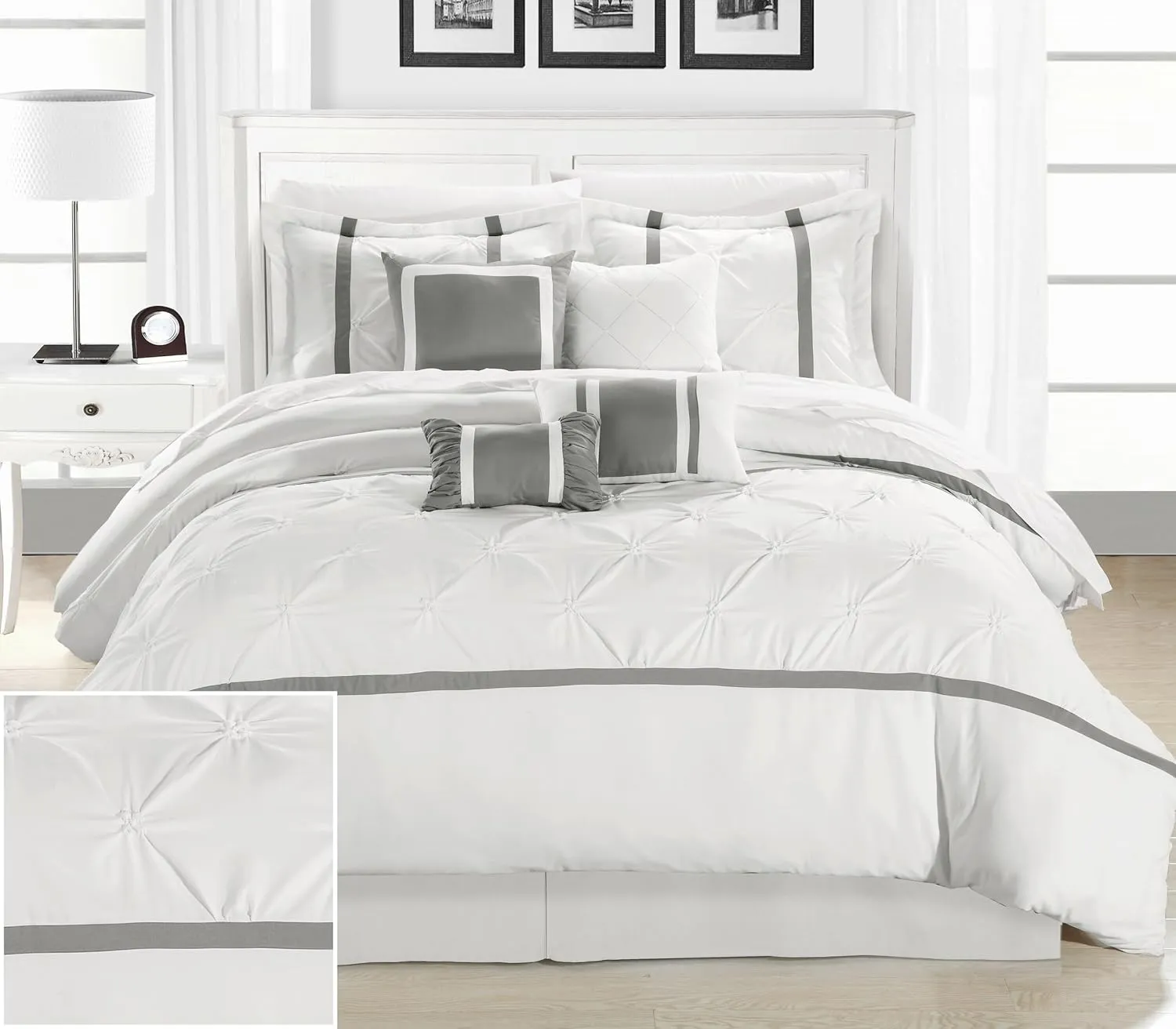 Chic Home White Bed in a Bag Comforter Set, King Size (8 Piece), Vermont - Pinch Pleat Microfiber Bedding - Comforter, Shams, Bed Skirt, Cushions and Breakfast Pillow