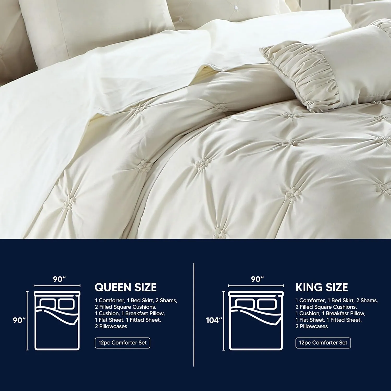 Chic Home White Bed in a Bag Comforter Set, King Size (8 Piece), Vermont - Pinch Pleat Microfiber Bedding - Comforter, Shams, Bed Skirt, Cushions and Breakfast Pillow