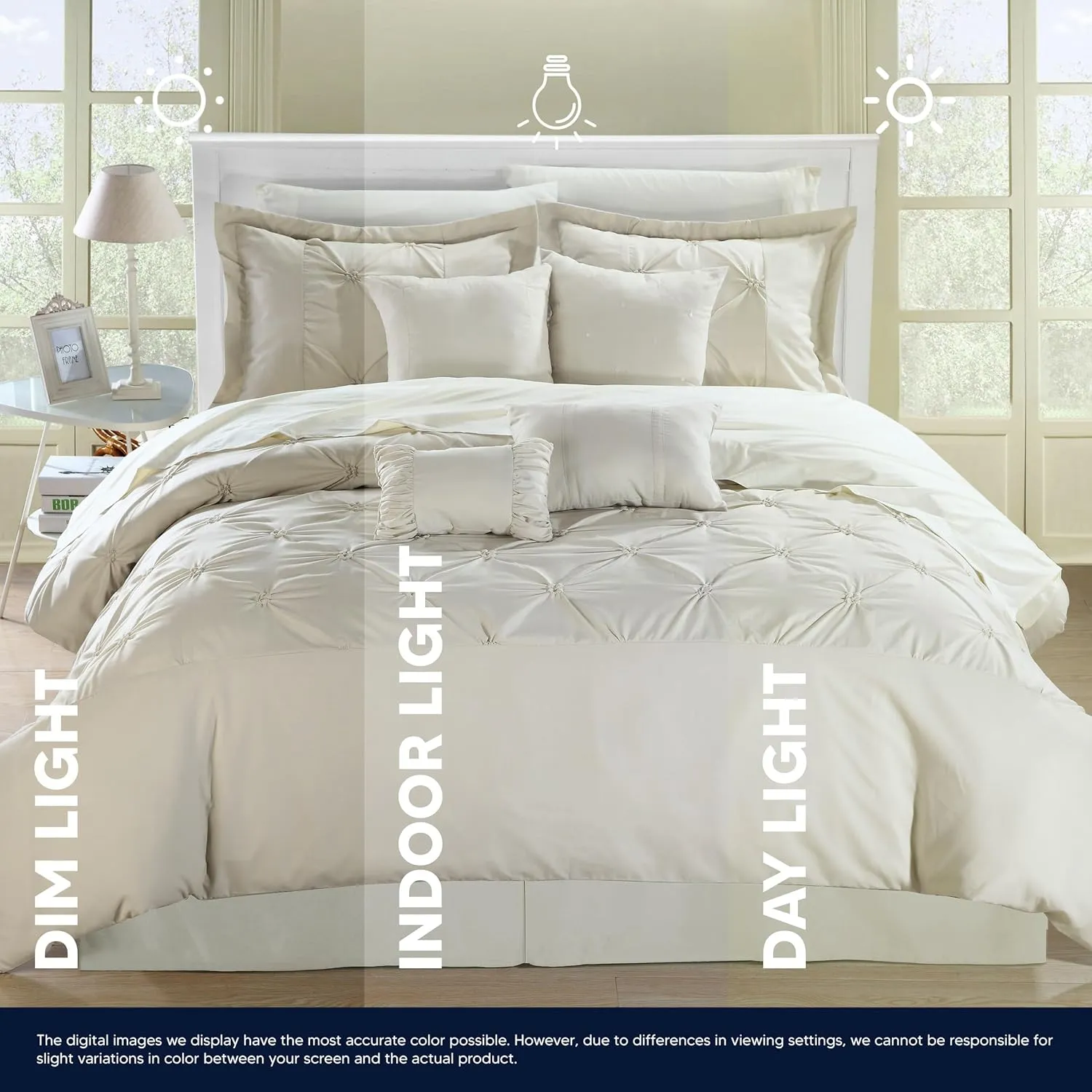 Chic Home White Bed in a Bag Comforter Set, King Size (8 Piece), Vermont - Pinch Pleat Microfiber Bedding - Comforter, Shams, Bed Skirt, Cushions and Breakfast Pillow