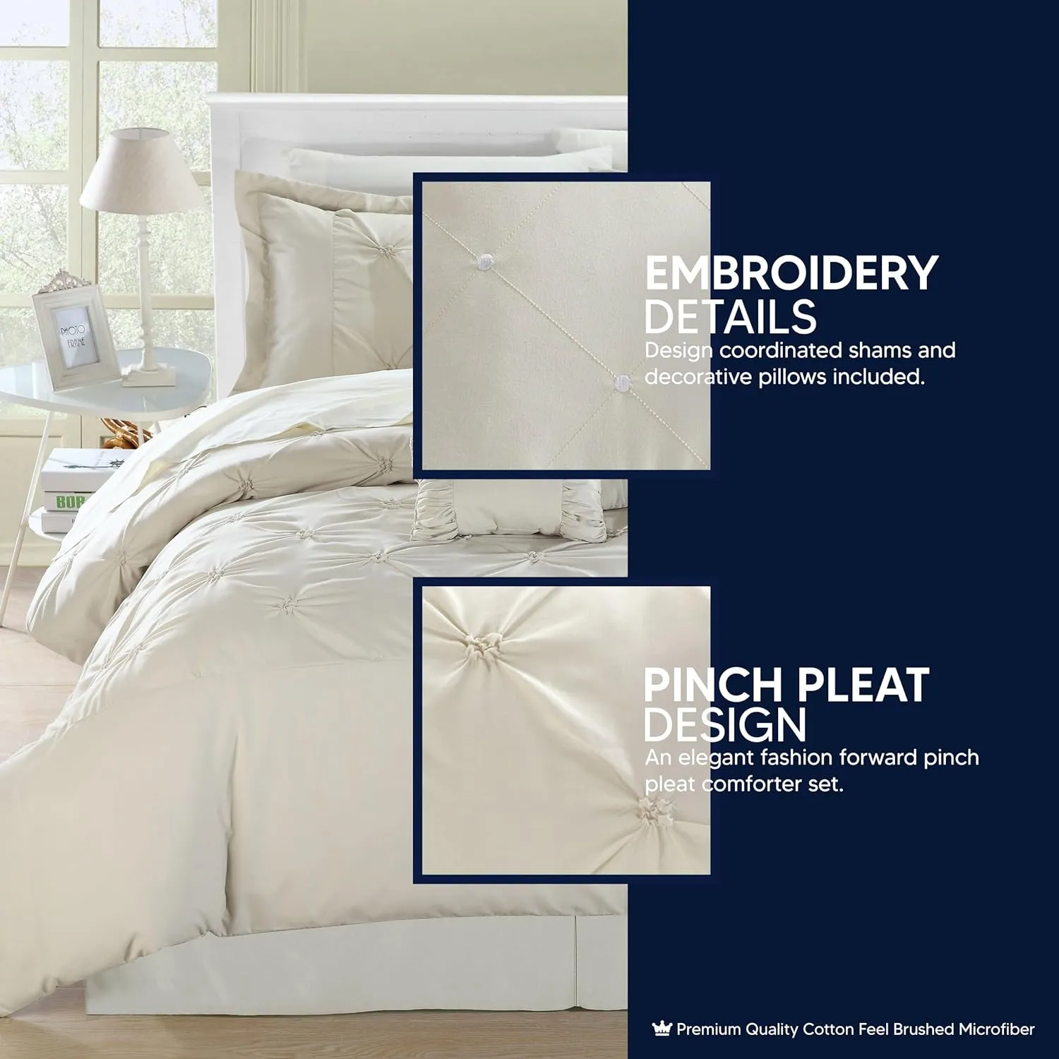 Chic Home White Bed in a Bag Comforter Set, King Size (8 Piece), Vermont - Pinch Pleat Microfiber Bedding - Comforter, Shams, Bed Skirt, Cushions and Breakfast Pillow