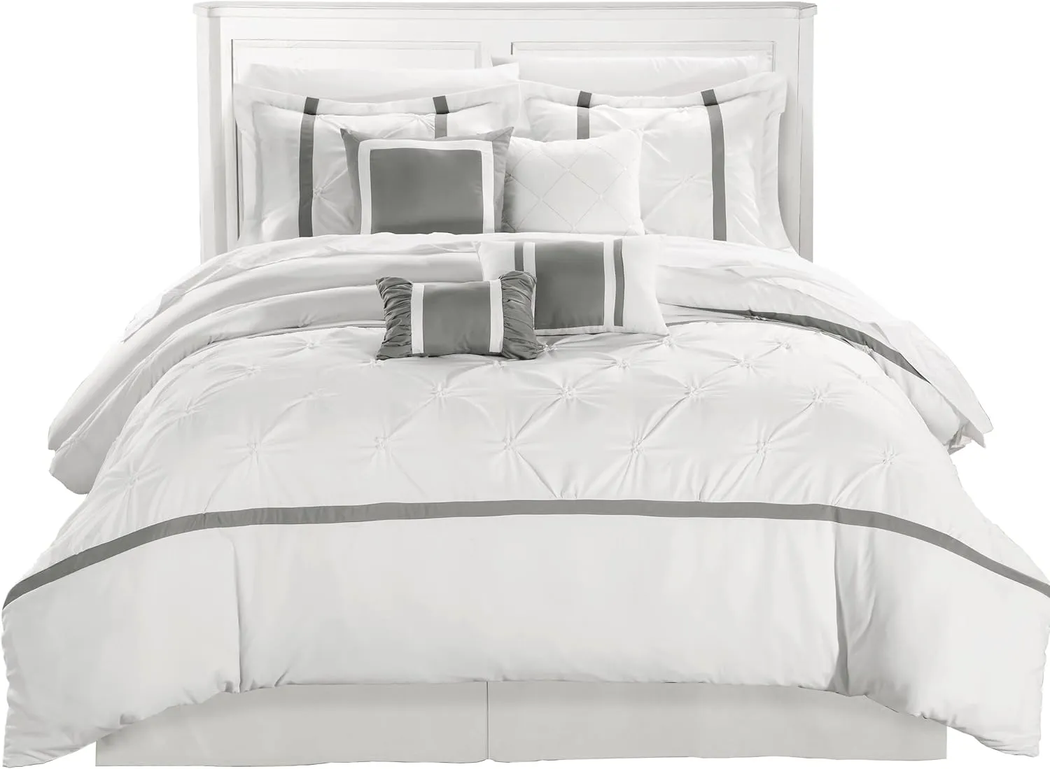 Chic Home White Bed in a Bag Comforter Set, King Size (8 Piece), Vermont - Pinch Pleat Microfiber Bedding - Comforter, Shams, Bed Skirt, Cushions and Breakfast Pillow