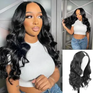 CINHOO Body Wave V Part Curly Wig for Black Women Synthetic Long Wavy Glueless Soft As Human U V Part Wigs Upgrade For Black Women 24 inch Black No Leave Out Clip in Half Wigs(1B#)