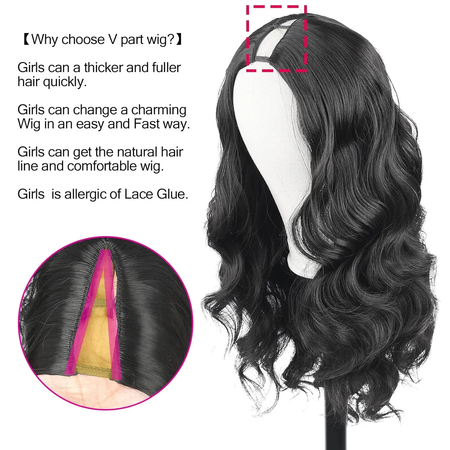 CINHOO Body Wave V Part Curly Wig for Black Women Synthetic Long Wavy Glueless Soft As Human U V Part Wigs Upgrade For Black Women 24 inch Black No Leave Out Clip in Half Wigs(1B#)
