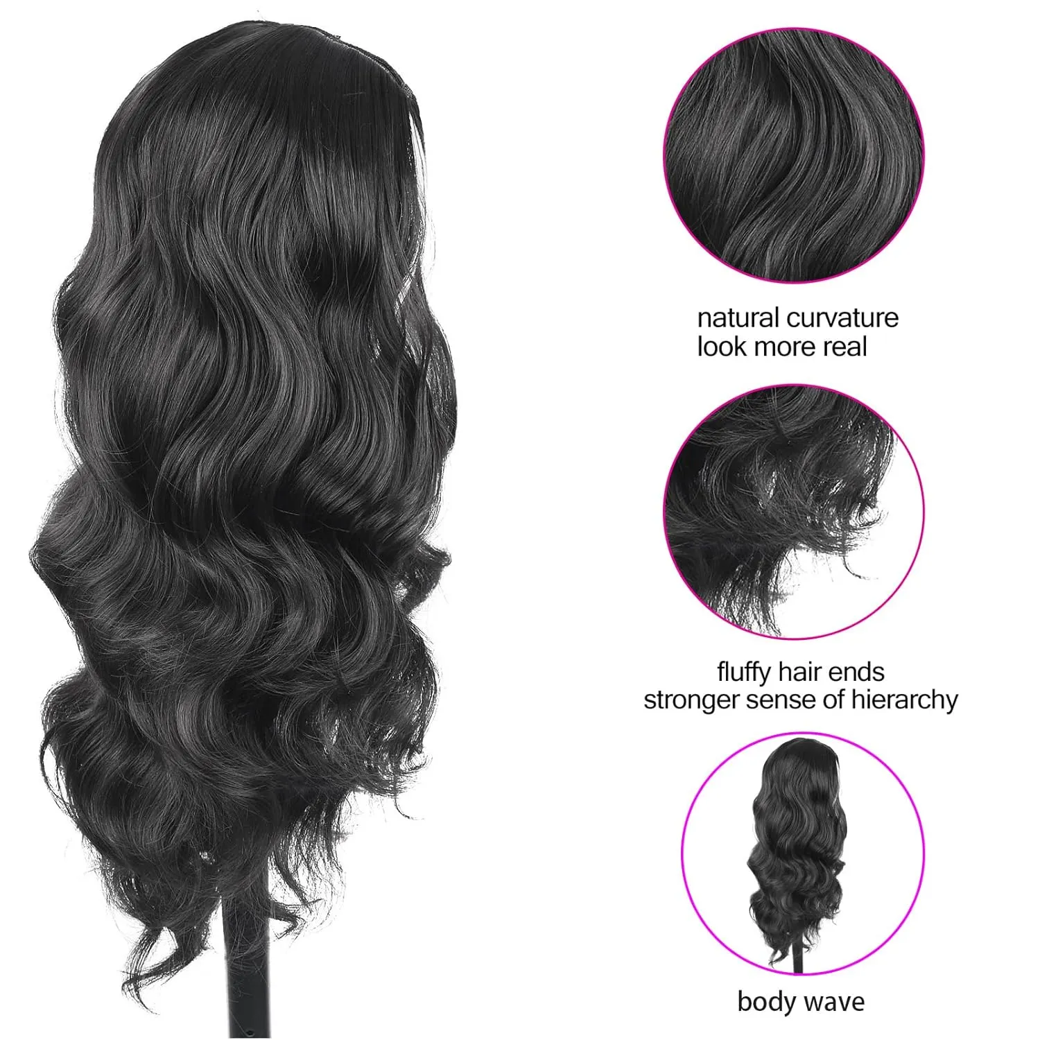 CINHOO Body Wave V Part Curly Wig for Black Women Synthetic Long Wavy Glueless Soft As Human U V Part Wigs Upgrade For Black Women 24 inch Black No Leave Out Clip in Half Wigs(1B#)