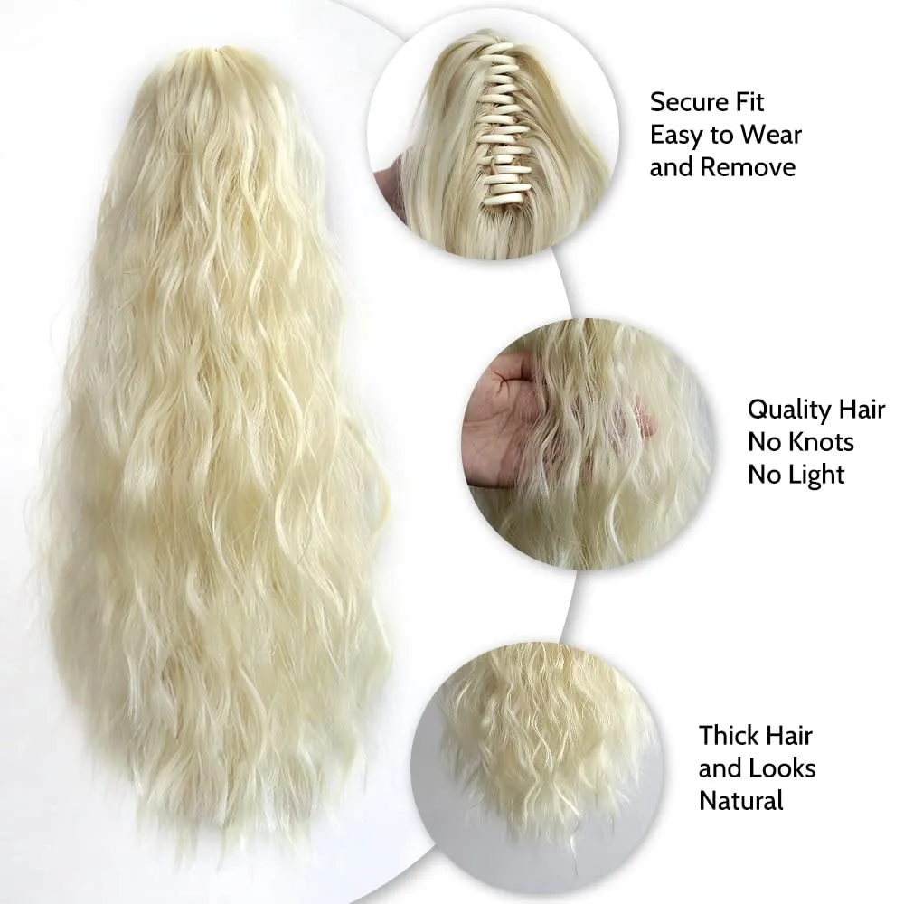 Claw Clip Ponytail Extension 18" Wavy Clips in Hair Extensions Curly Synthetic Pony Tails Fluffy Faux Ponytails Wigs Natural Hairpieces for Women Wedding Party Daily Use 6 Oz Bleach Blonde