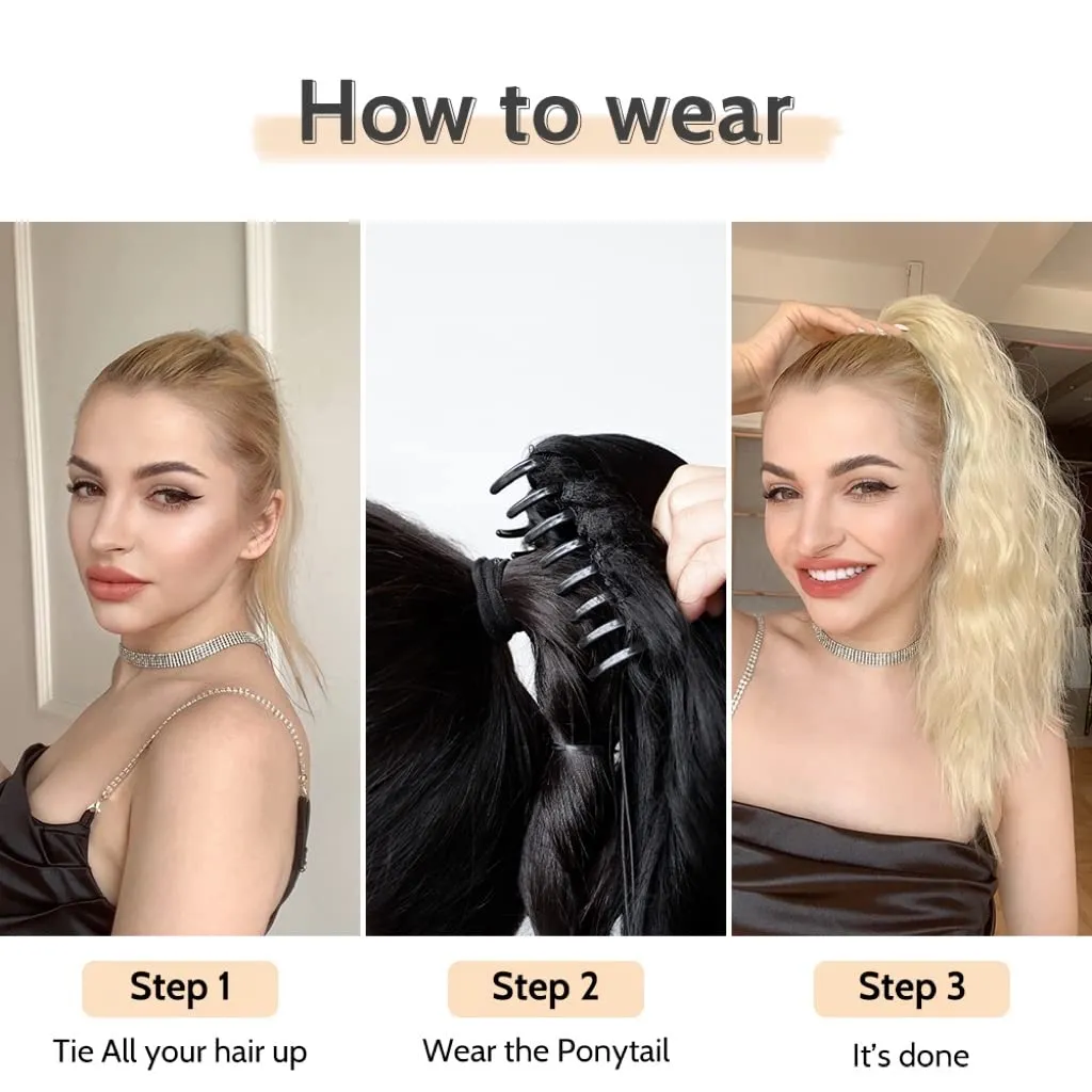 Claw Clip Ponytail Extension 18" Wavy Clips in Hair Extensions Curly Synthetic Pony Tails Fluffy Faux Ponytails Wigs Natural Hairpieces for Women Wedding Party Daily Use 6 Oz Bleach Blonde
