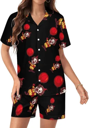 Clown Women's Satin Pajama Set Short Sleeve Button Down Sleepwear Loungewear Pj Set