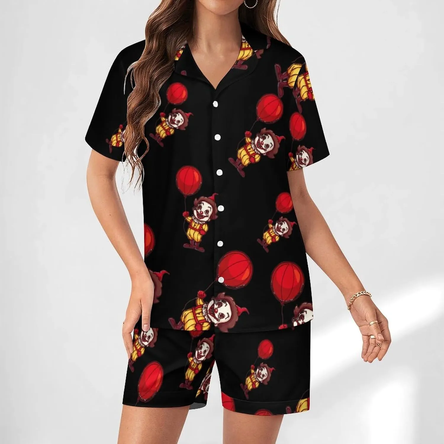 Clown Women's Satin Pajama Set Short Sleeve Button Down Sleepwear Loungewear Pj Set