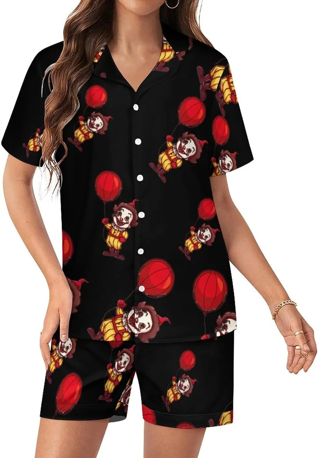 Clown Women's Satin Pajama Set Short Sleeve Button Down Sleepwear Loungewear Pj Set