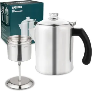 Coffee Percolator Pot Stainless Steel Coffee Maker with Heat Resistant Tough Glass Knob Camping Coffee Pot Using on any Stovetop Silver 8 Cup