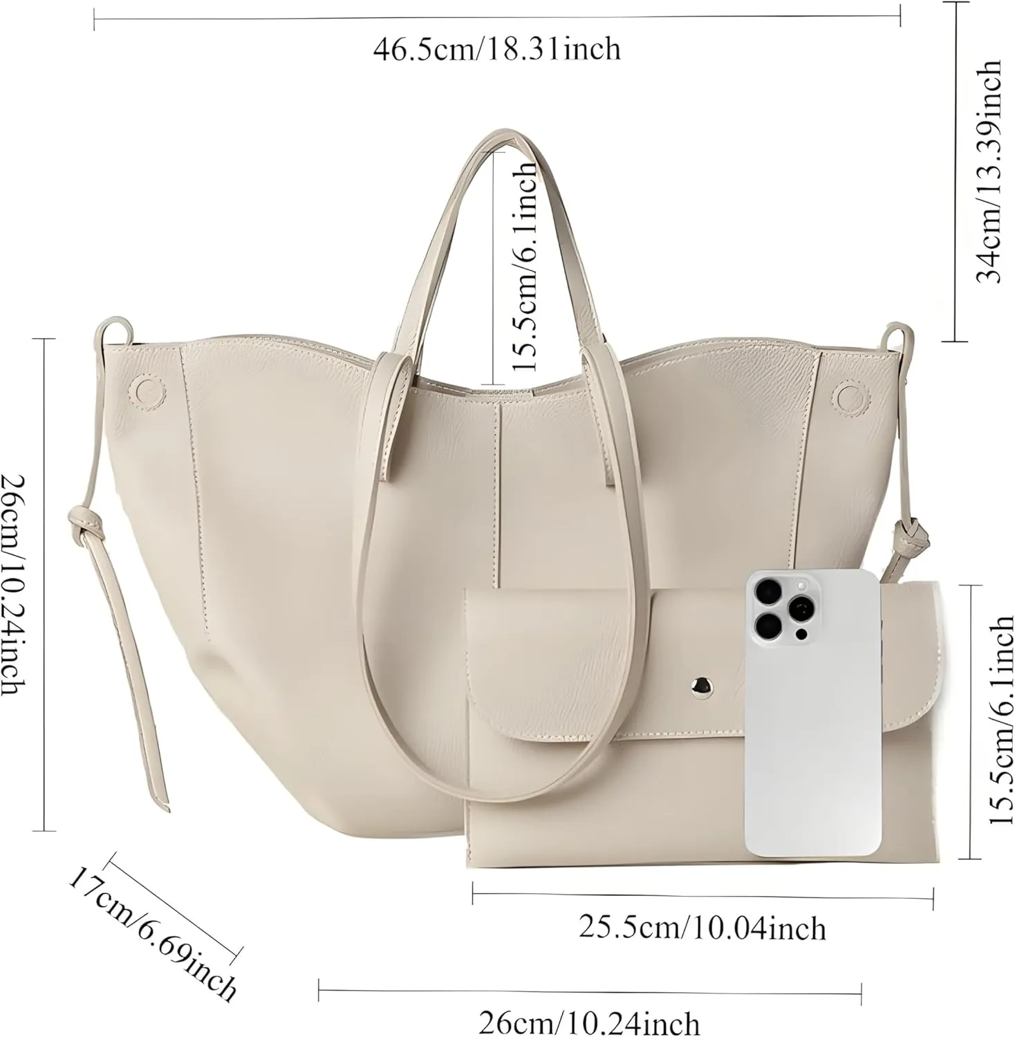 Comes with wallet and wing shaped tote bag, magnetic seal, synthetic leather, handheld and single shoulder (non adjustable)