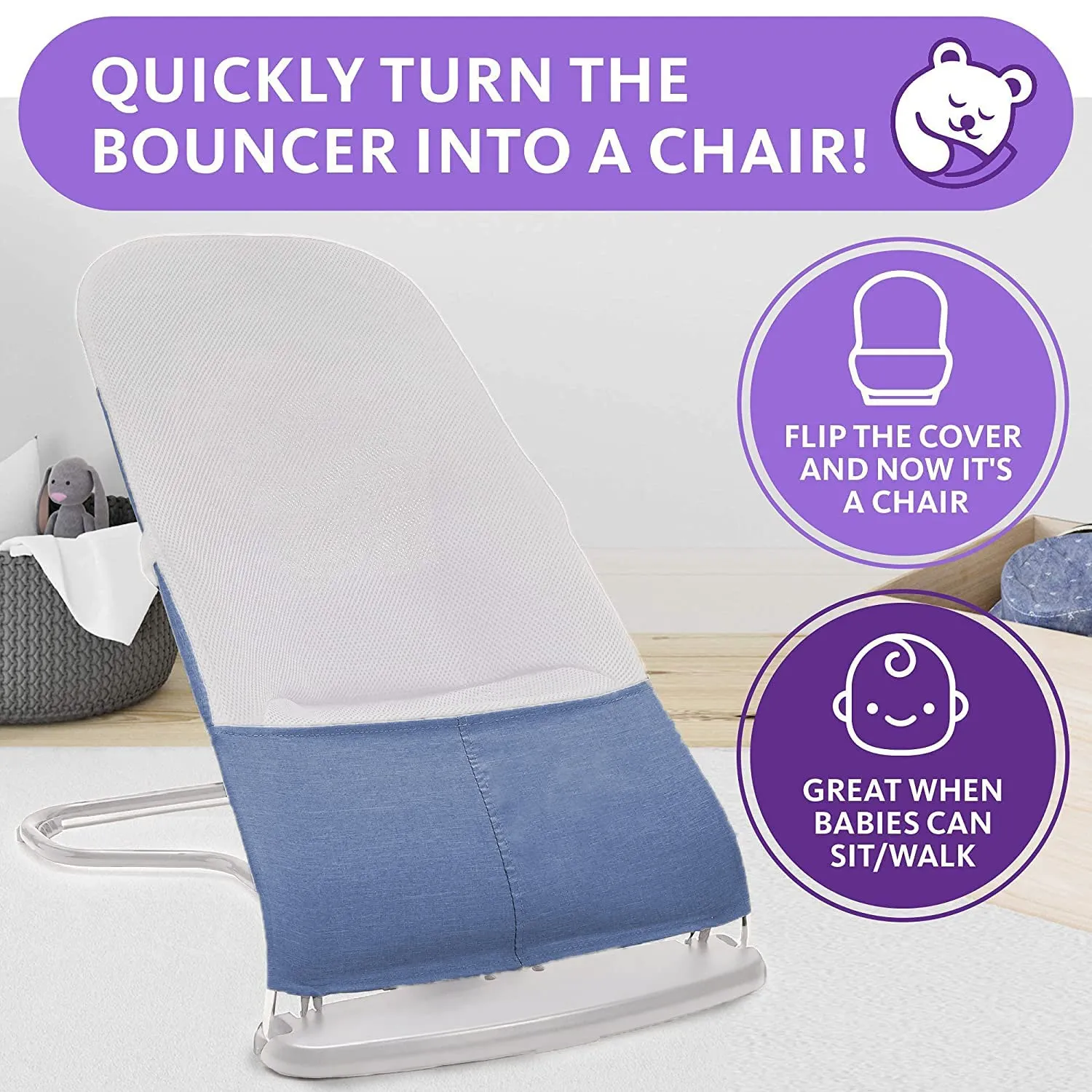 ComfyBumpy Ergonomic Baby Bouncer Seat - Safe, Portable Bouncing Chair with Adjustable Height Positions - Infant Sleeper Bouncy Seat Perfect for Newborn Babies (Blue)