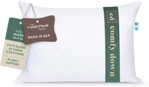 ComfyDown Premium Feather and Down ComfyPlush Supportive Bed Pillow for Sleeping, Luxury Diamond Quilted Cotton Cover, Made in USA, Medium Firm (Queen = 20x30)