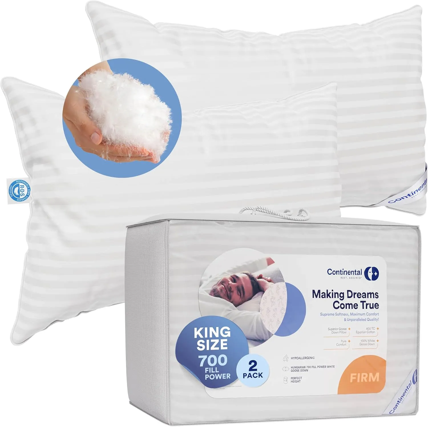 Continental Bedding 100% Hungarian White Goose Down Pillow 700 Fill Power, King (Pack of 2), Firm Classic 2 Count