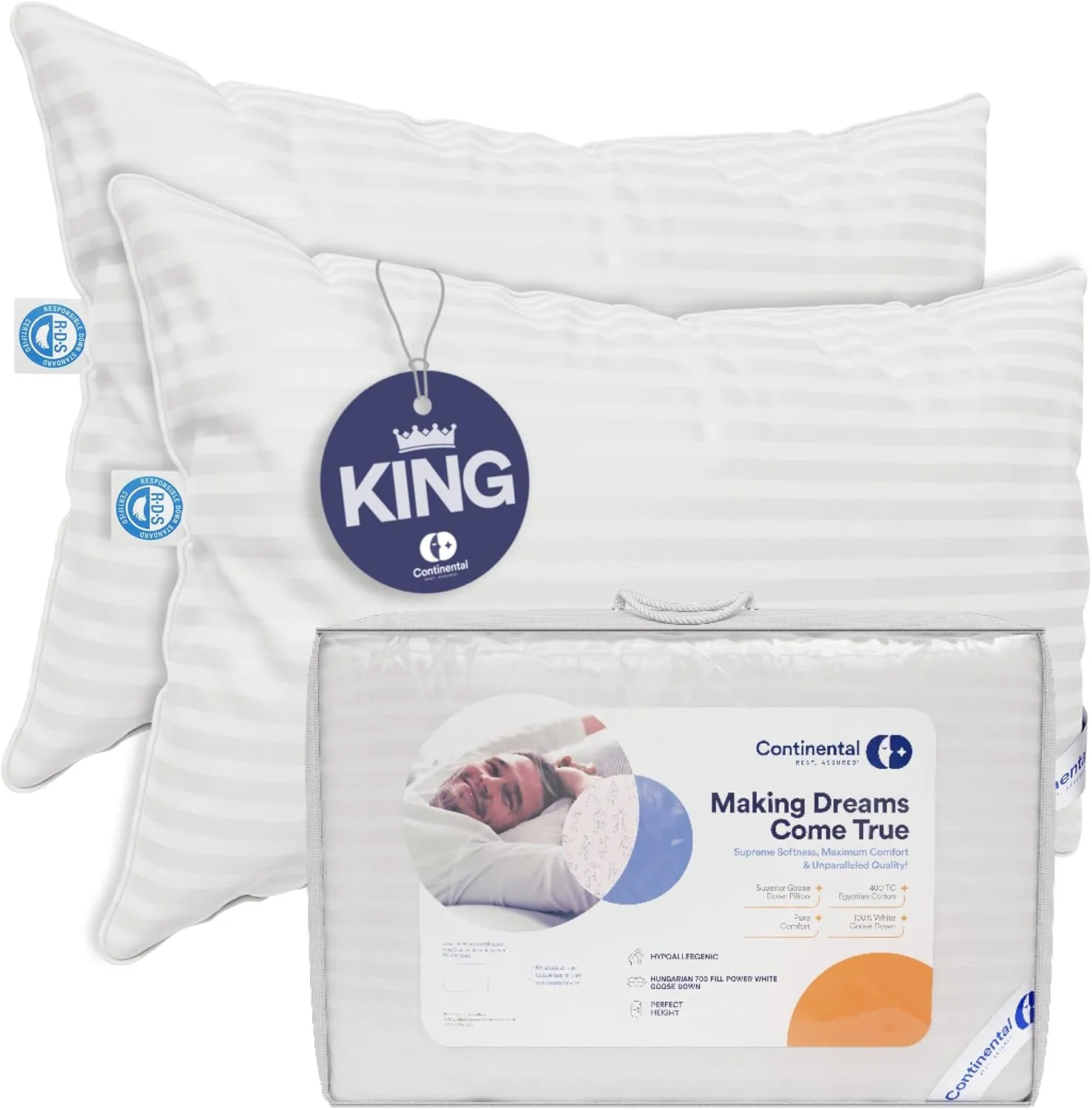Continental Bedding 100% Hungarian White Goose Down Pillow 700 Fill Power, King (Pack of 2), Firm Classic 2 Count