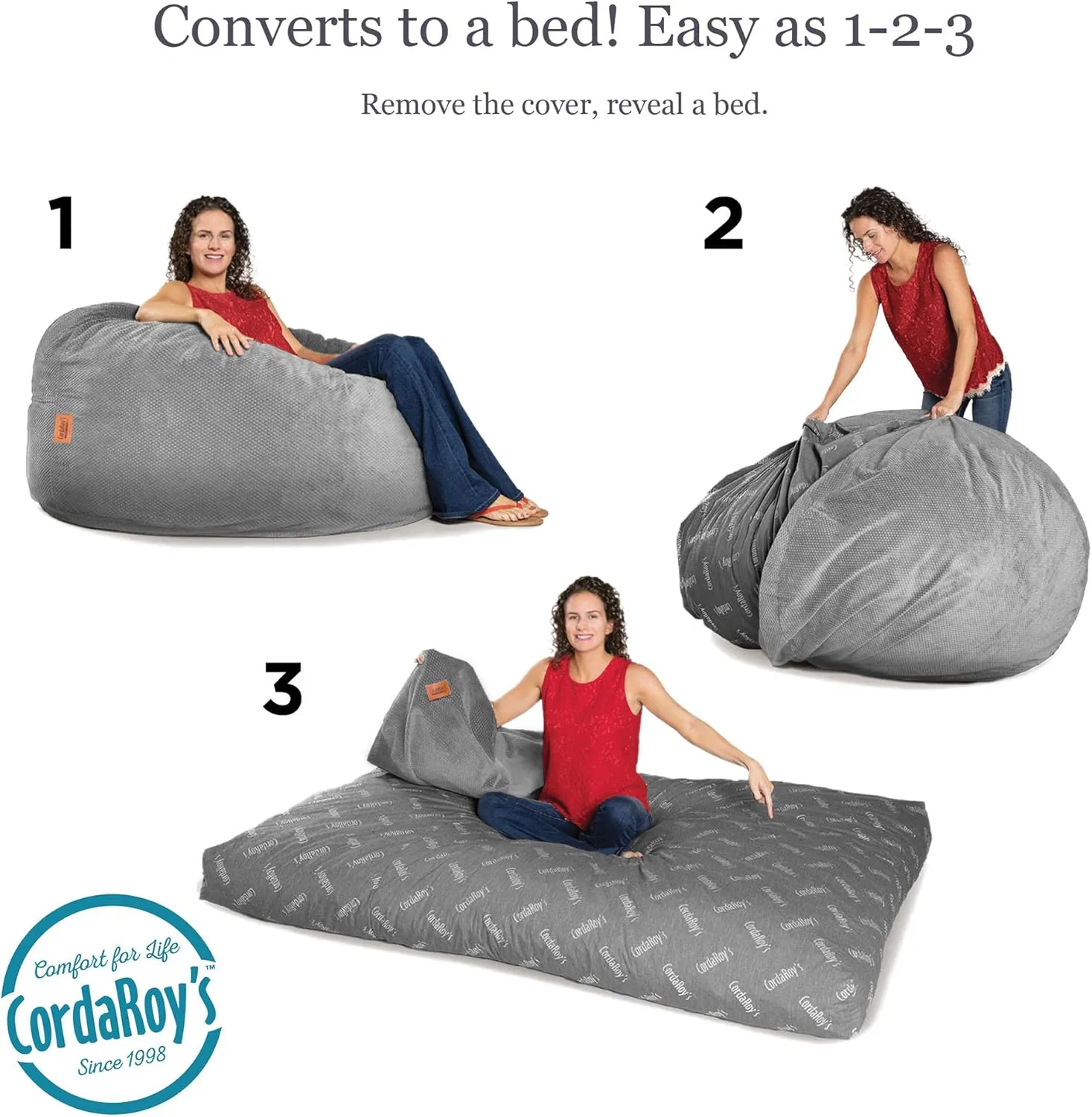 CordaRoy's Chenille Bean Bag-Convertible Bean Bag Chair&Bed-Machine-Washable Chenille Fabric Cover-for Basement,Living Room,Game Room,Dorm & More - King Size - Charcoal | Made in The USA