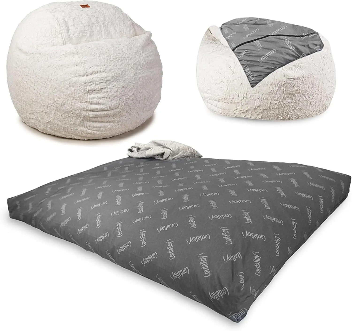 CordaRoy's Faux Fur Bean Bag-Convertible Bean Bag Chair & Bed-Machine-Washable Faux Fur Fabric Cover for Basement, Living Room, Game Room, Dorm & More - Full Size - White | Made in The USA