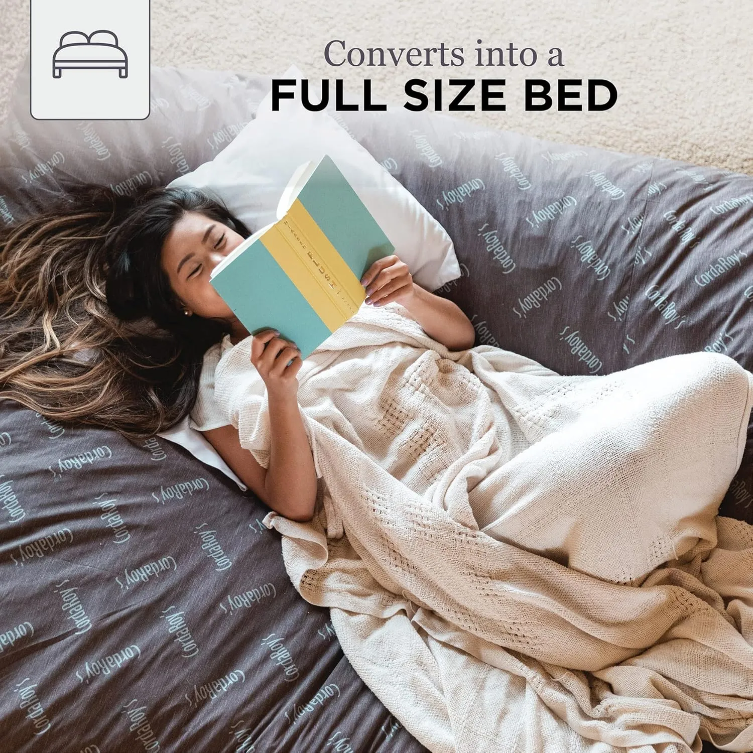 CordaRoy's Faux Fur Bean Bag-Convertible Bean Bag Chair & Bed-Machine-Washable Faux Fur Fabric Cover for Basement, Living Room, Game Room, Dorm & More - Full Size - White | Made in The USA