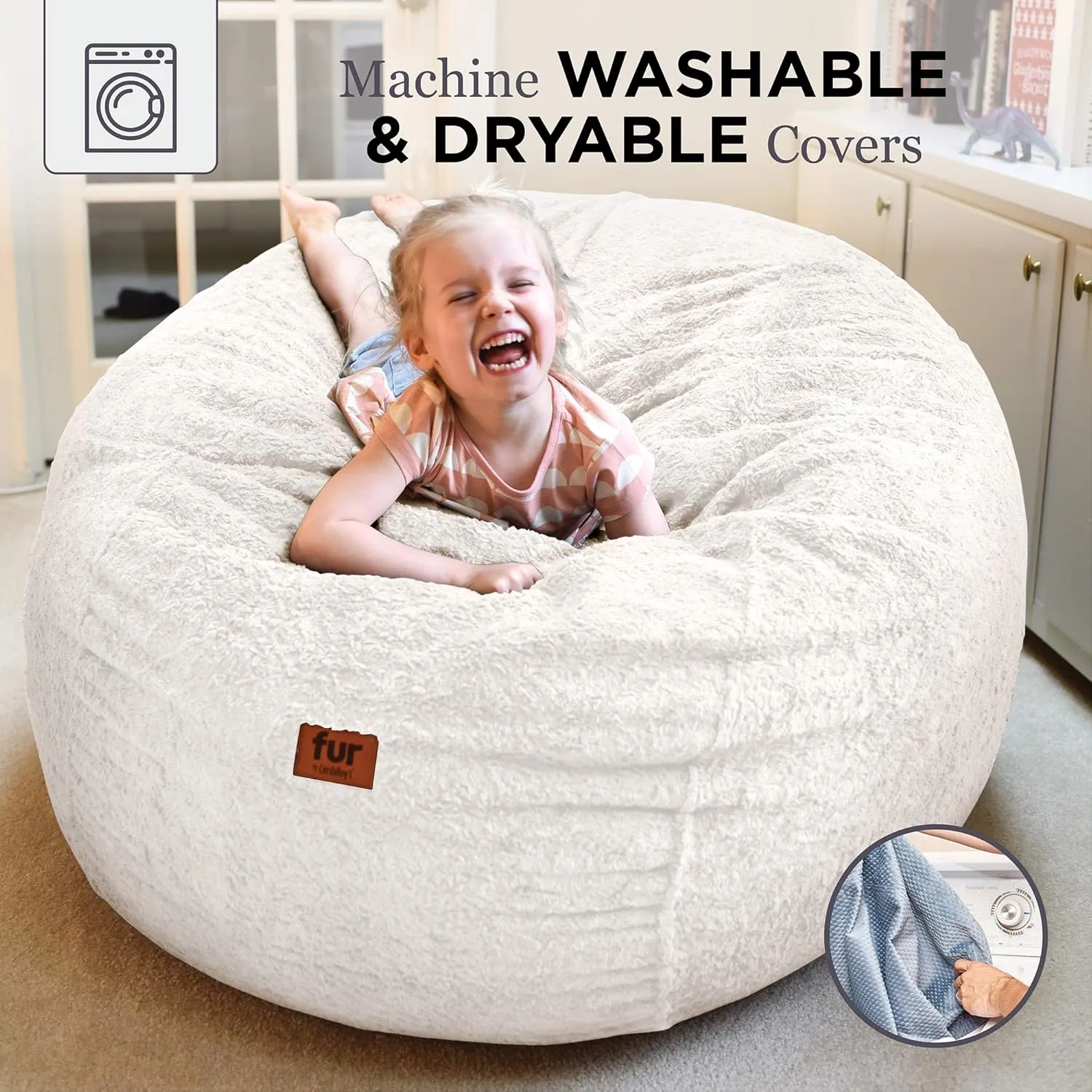 CordaRoy's Faux Fur Bean Bag-Convertible Bean Bag Chair & Bed-Machine-Washable Faux Fur Fabric Cover for Basement, Living Room, Game Room, Dorm & More - Full Size - White | Made in The USA