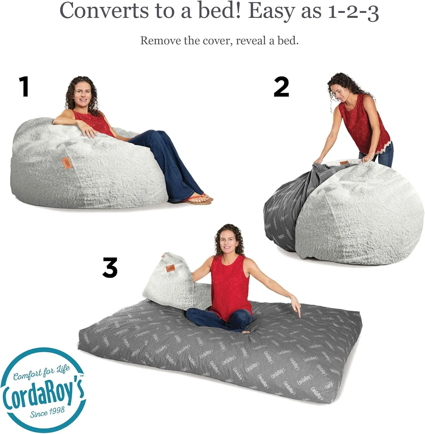 CordaRoy's Faux Fur Bean Bag-Convertible Bean Bag Chair & Bed-Machine-Washable Faux Fur Fabric Cover for Basement, Living Room, Game Room, Dorm & More - Full Size - White | Made in The USA
