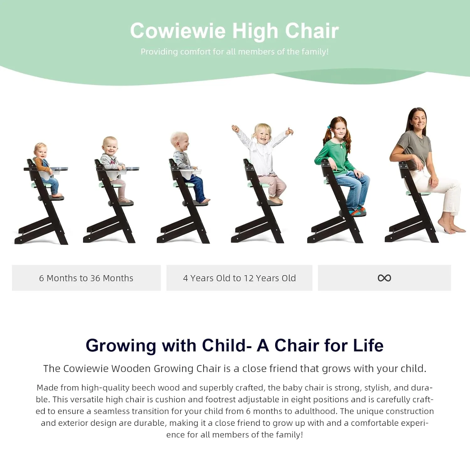 Cowiewie Natural BrownishWooden High Chair for Babies & Toddlers 3-Tier Remove Adjustable Tray and Highchair with Cushions, Easy to Clean, Portable(Green)
