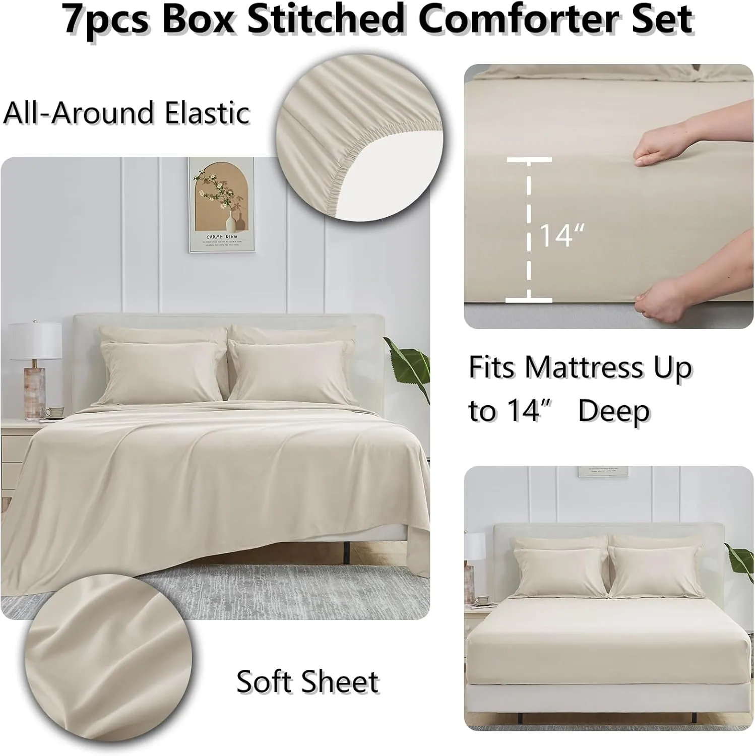 CozyLux Comforter Set Queen 7 Pieces Beige Queen Comforter Set Bedding Sets for All Season with Comforter, Flat Sheets, Fitted Sheet, Pillowcases & Shams