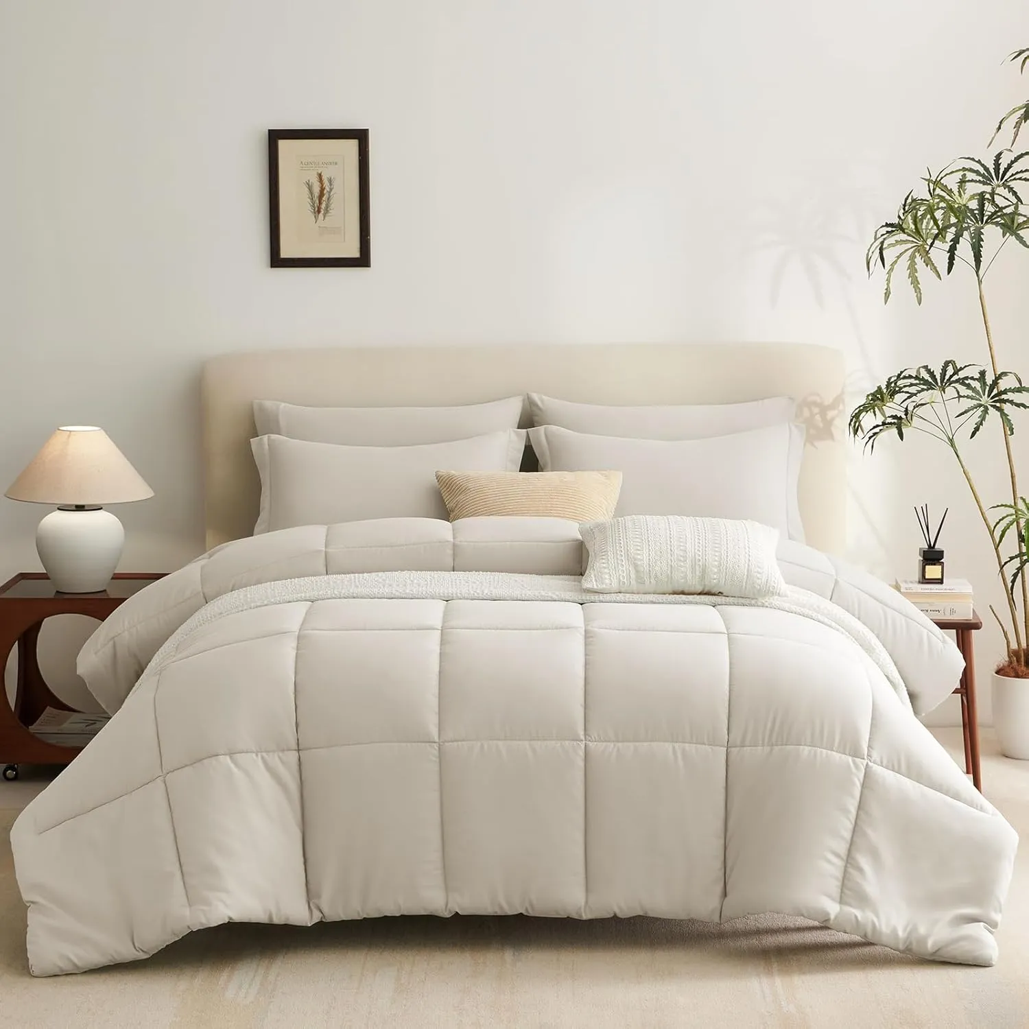 CozyLux Comforter Set Queen 7 Pieces Beige Queen Comforter Set Bedding Sets for All Season with Comforter, Flat Sheets, Fitted Sheet, Pillowcases & Shams