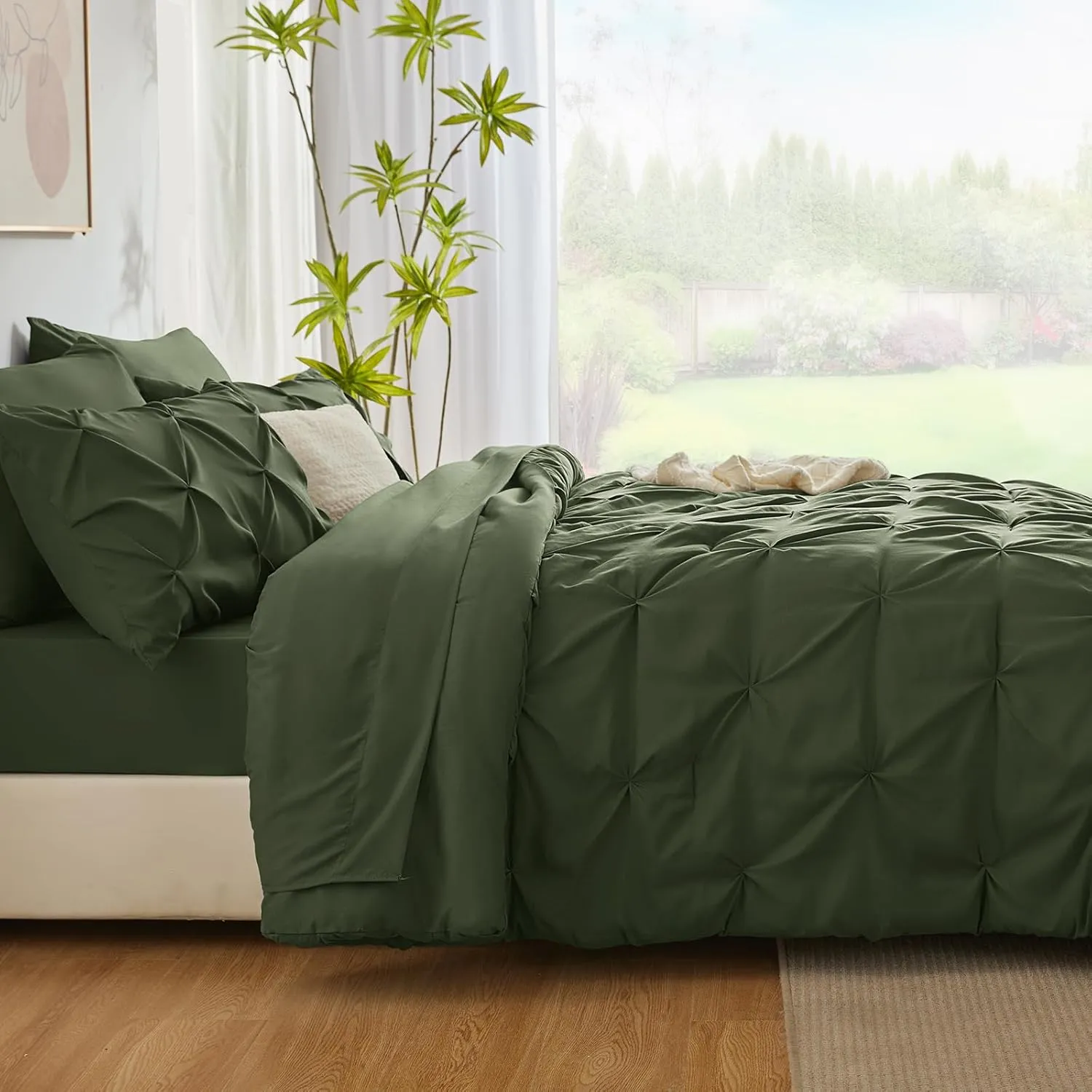 CozyLux Olive Green Comforter Set Queen 7 Pieces Bed in a Bag Comforter Pintuck Design Olive Green Bedding Set Pinch Pleated Green Bedding Complete Set with Sheets,Pillowcases&Shams