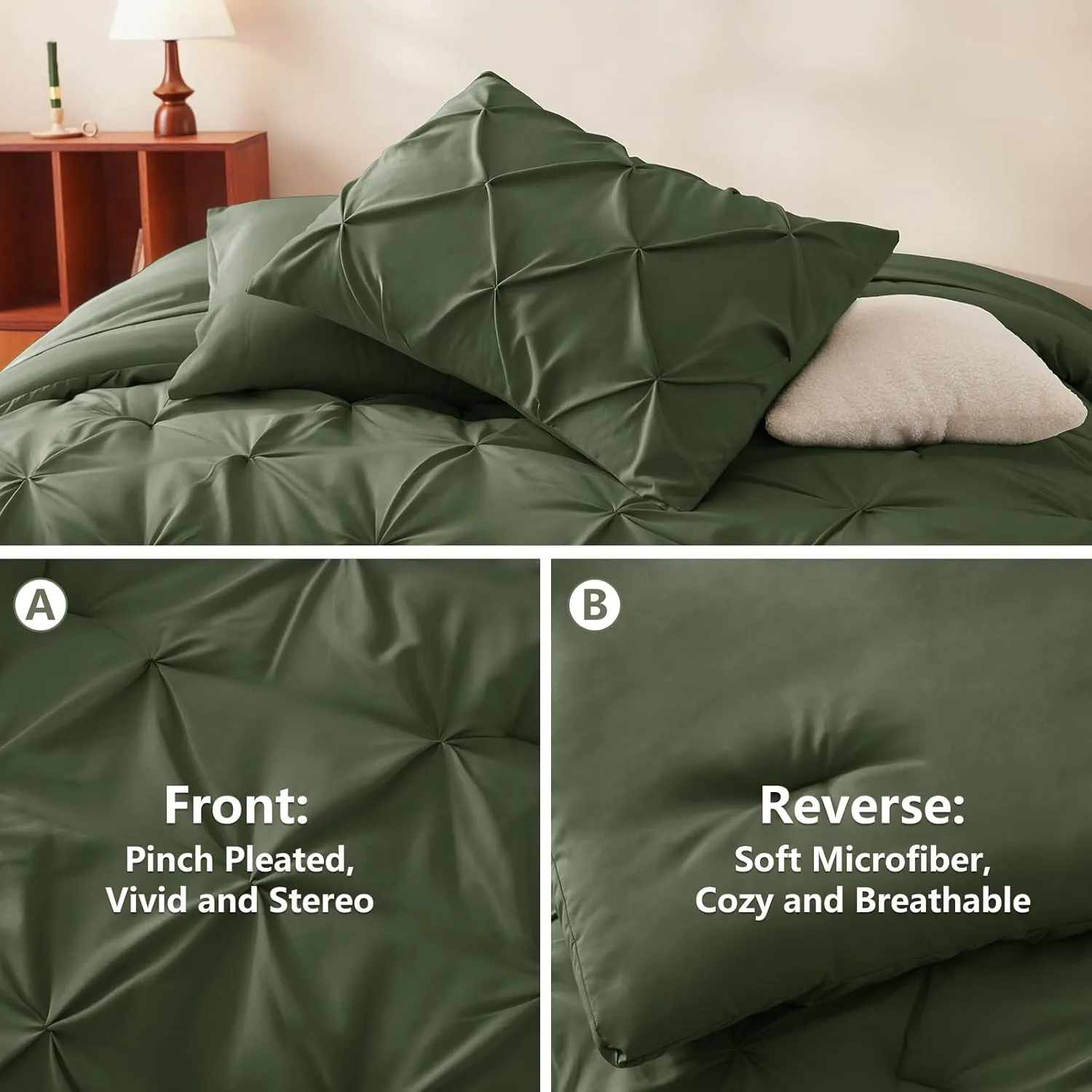 CozyLux Olive Green Comforter Set Queen 7 Pieces Bed in a Bag Comforter Pintuck Design Olive Green Bedding Set Pinch Pleated Green Bedding Complete Set with Sheets,Pillowcases&Shams