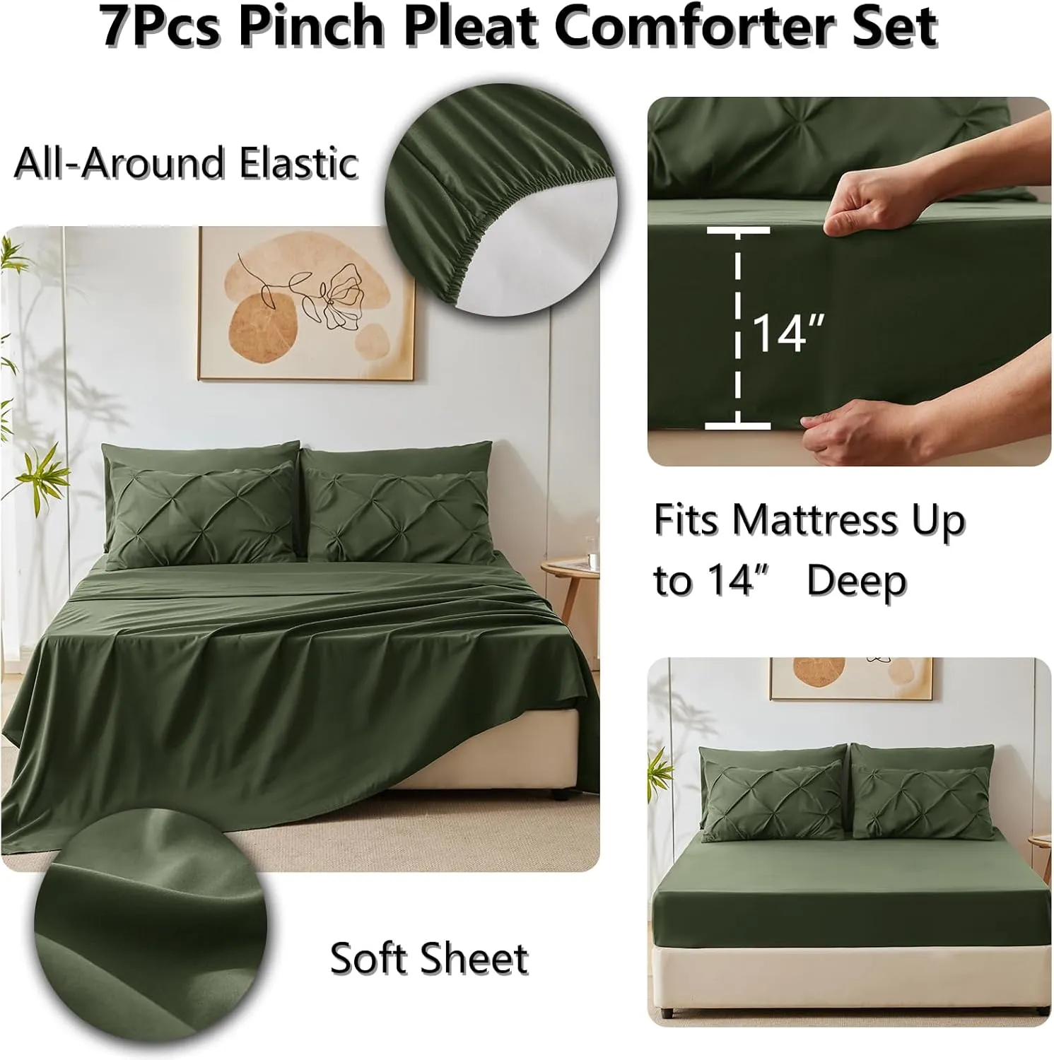 CozyLux Olive Green Comforter Set Queen 7 Pieces Bed in a Bag Comforter Pintuck Design Olive Green Bedding Set Pinch Pleated Green Bedding Complete Set with Sheets,Pillowcases&Shams