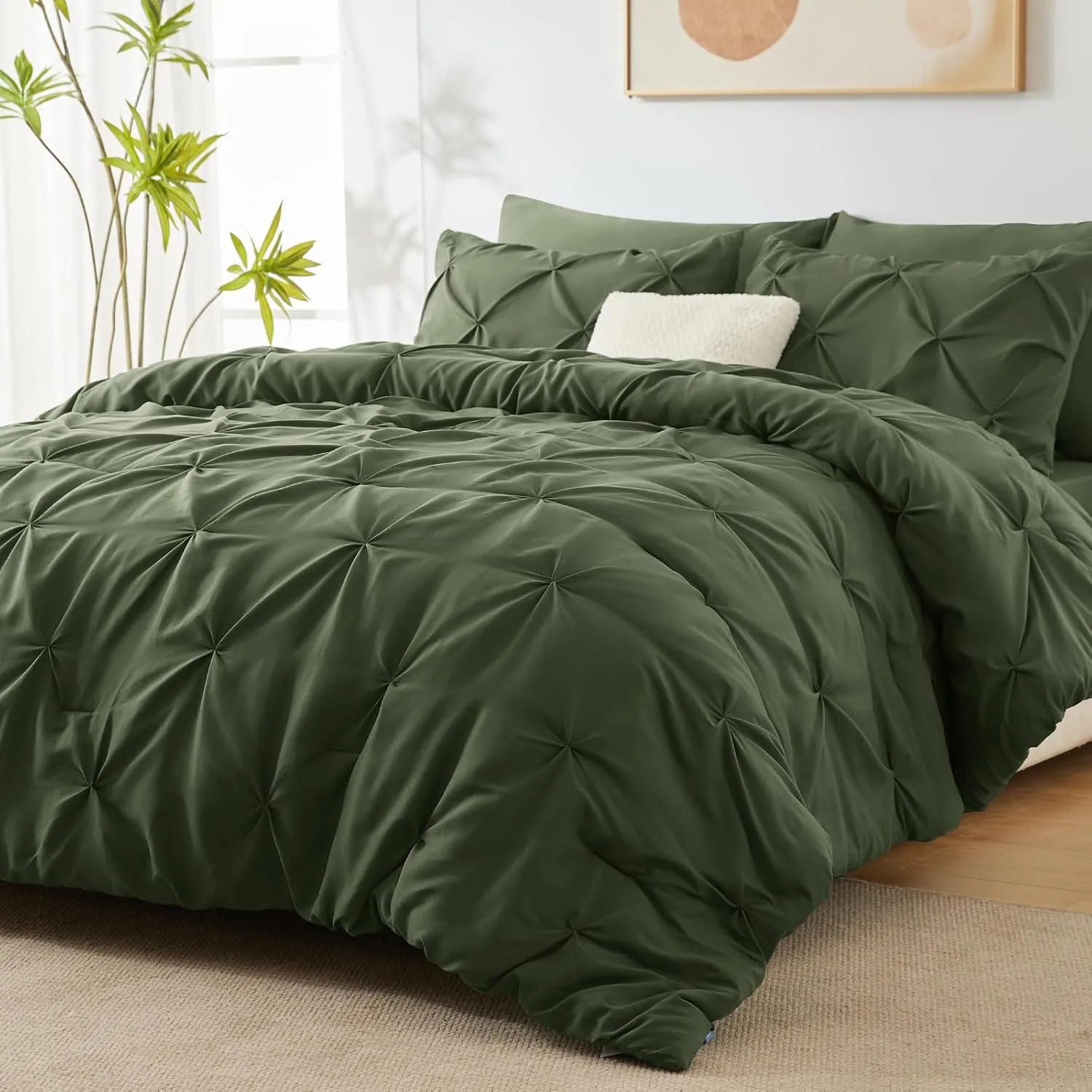 CozyLux Olive Green Comforter Set Queen 7 Pieces Bed in a Bag Comforter Pintuck Design Olive Green Bedding Set Pinch Pleated Green Bedding Complete Set with Sheets,Pillowcases&Shams