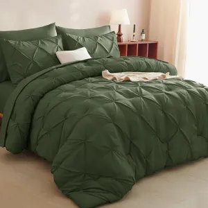 CozyLux Olive Green Comforter Set Queen 7 Pieces Bed in a Bag Comforter Pintuck Design Olive Green Bedding Set Pinch Pleated Green Bedding Complete Set with Sheets,Pillowcases&Shams