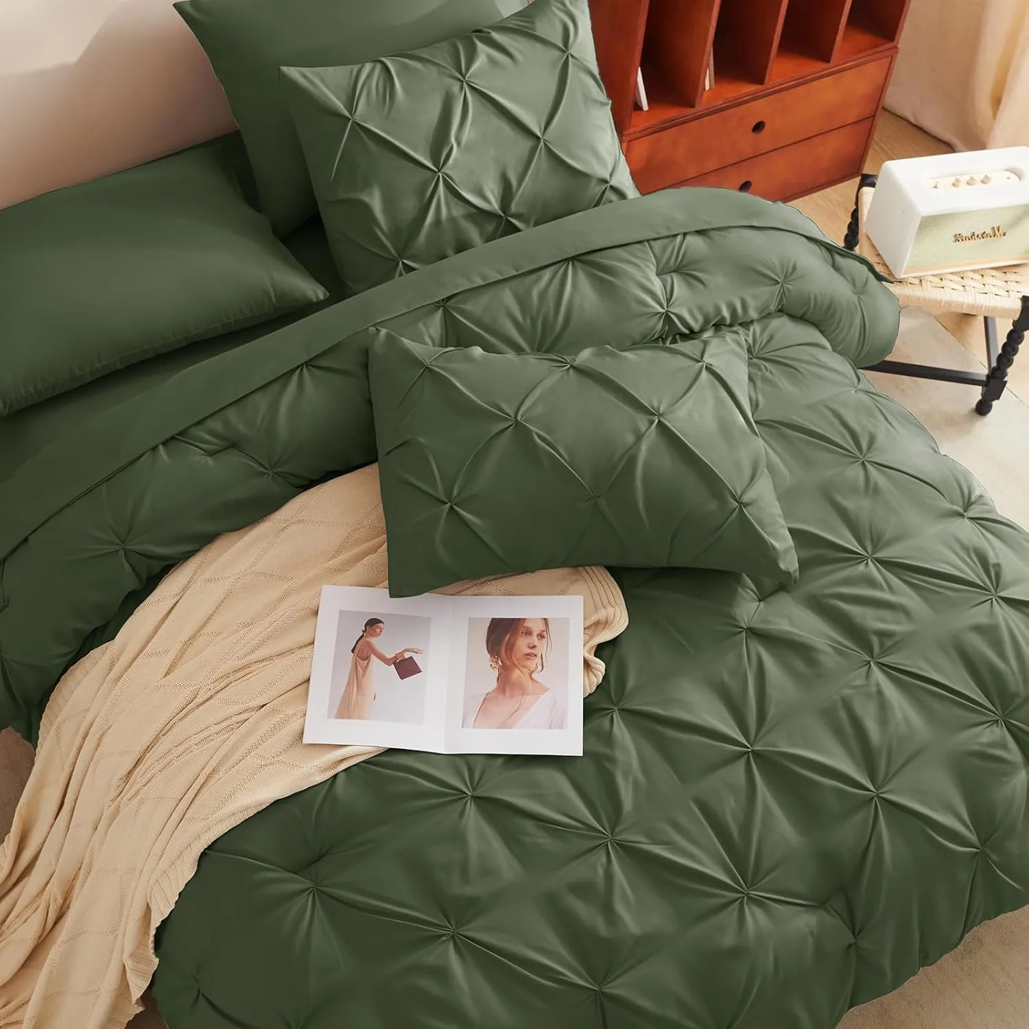 CozyLux Olive Green Comforter Set Queen 7 Pieces Bed in a Bag Comforter Pintuck Design Olive Green Bedding Set Pinch Pleated Green Bedding Complete Set with Sheets,Pillowcases&Shams