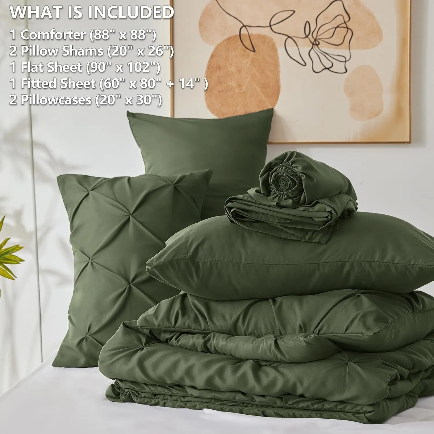 CozyLux Olive Green Comforter Set Queen 7 Pieces Bed in a Bag Comforter Pintuck Design Olive Green Bedding Set Pinch Pleated Green Bedding Complete Set with Sheets,Pillowcases&Shams