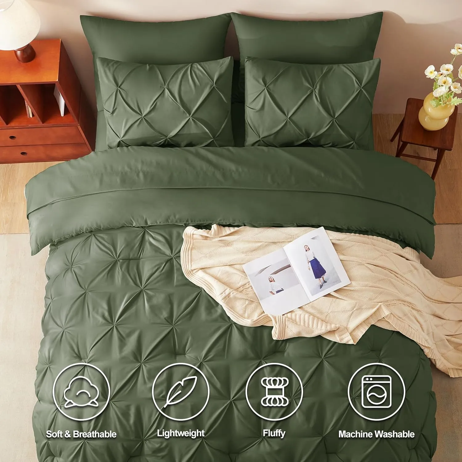 CozyLux Olive Green Comforter Set Queen 7 Pieces Bed in a Bag Comforter Pintuck Design Olive Green Bedding Set Pinch Pleated Green Bedding Complete Set with Sheets,Pillowcases&Shams